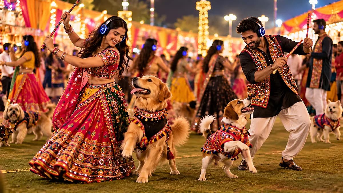 A dog wearing a chaniya choli dancing in a Garba circle with its owner, both wearing silent headphones.