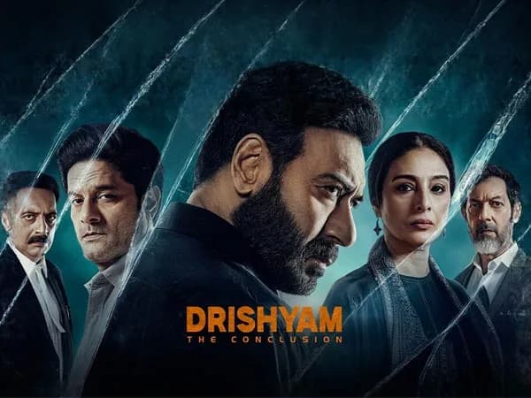 Ajay Devgn as Vijay Salgaonkar in a tense courtroom scene from Drishyam: The Conclusion