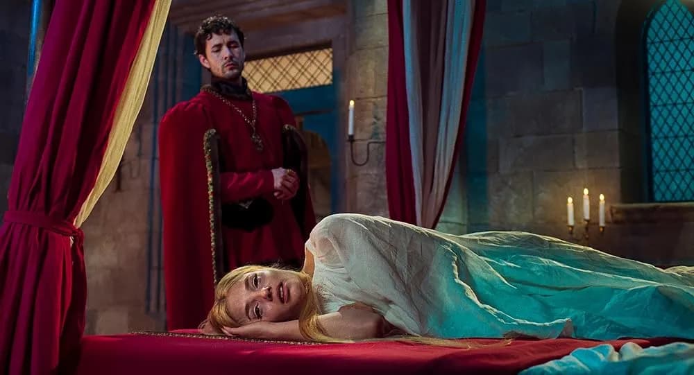 A still from The Face of Horror showing a medieval-costumed woman in a technicolor-lit scene at TIFF's Midnight Madness premiere