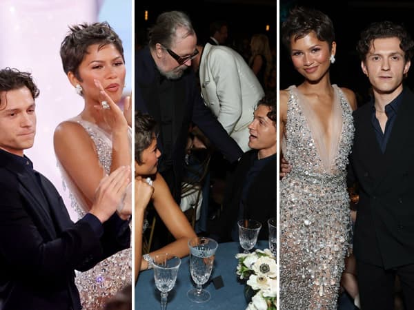 Tom Holland in a black tuxedo seated beside Zendaya in a custom Prada gown at the 2026 Emmy Awards inside the Peacock Theatre.
