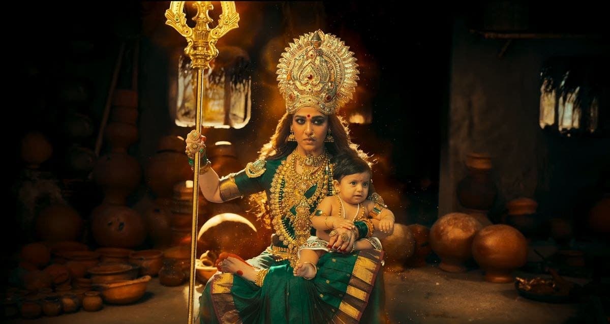Promotional stills side by side of Nayanthara in Mookuthi Amman 2 and Suriya in Scene, both eyeing a November 6 release.