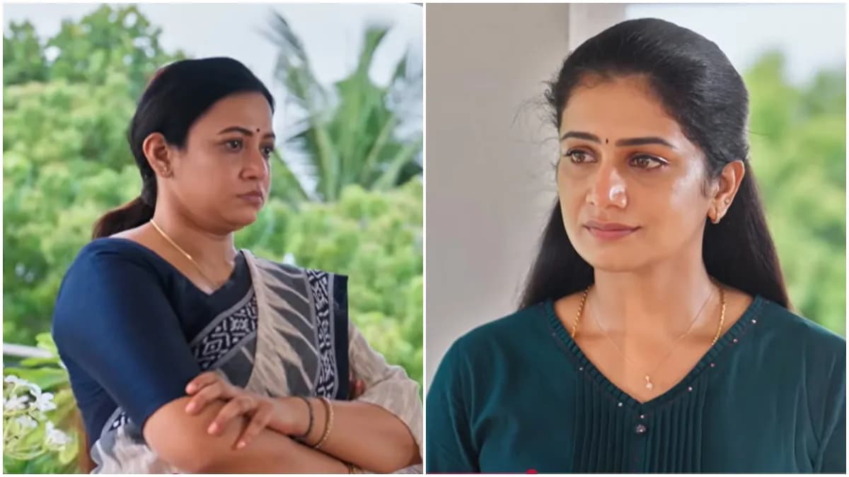 A still from Sun TV's Ethirneechal showing the household characters in a tense conversation scene