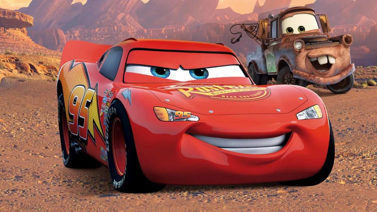 Lightning McQueen and other characters from Pixar's Cars in a promotional still used for the film's 20th anniversary re-release