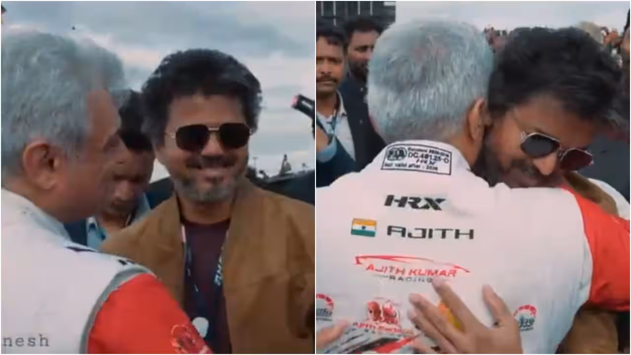 Trisha Krishnan stepping out of a car at the Silverstone racing circuit, wearing jeans and a maroon jacket, with the Michelin Le Mans Cup event tent visible behind her.