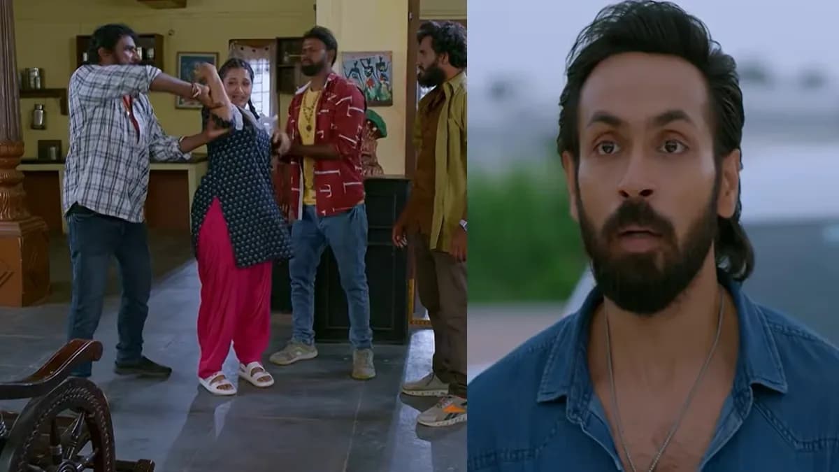 A tense scene from Brahmamudi: a woman in distress, a man holding her, a mother-in-law weeping in the background.