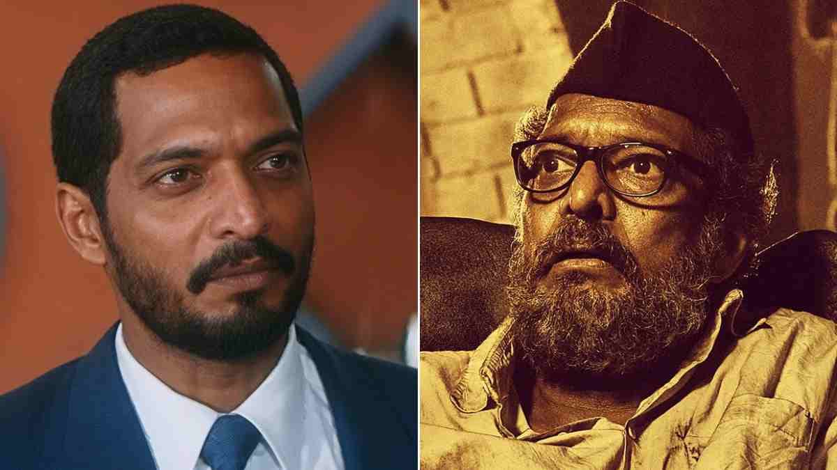 A black-and-white portrait of Nana Patekar, mid-sentence, eyes sharp, jaw set. The background is blurred, but the intensity remains.