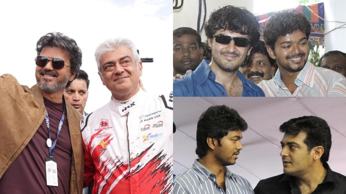 Vijay and Ajith Kumar standing together and smiling at the Michelin Le Mans Cup event in Silverstone.
