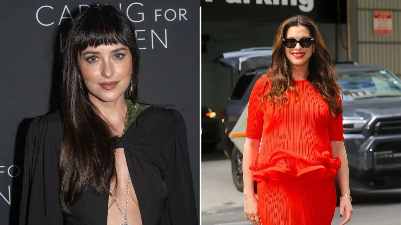 Dakota Johnson and Anne Hathaway sharing a kiss on the set of the film Verity