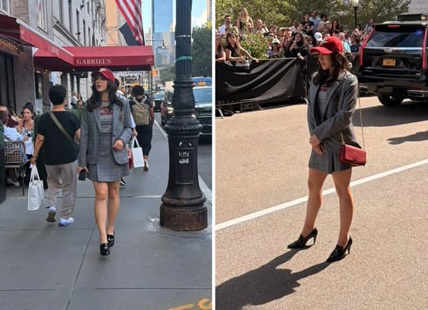 Sara Ali Khan at New York Fashion Week wearing a grey checked blazer and mini skirt with a Tommy Hilfiger graphic T-shirt, red cap, red shoulder bag and black patent loafers.