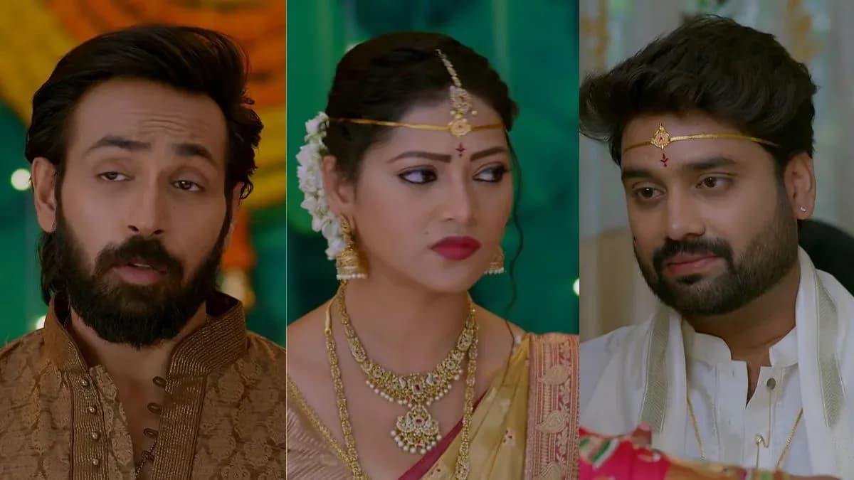 Still from Brahmamudi serial showing Ishwarya standing at the wedding pyre, looking determined as family members react in shock.