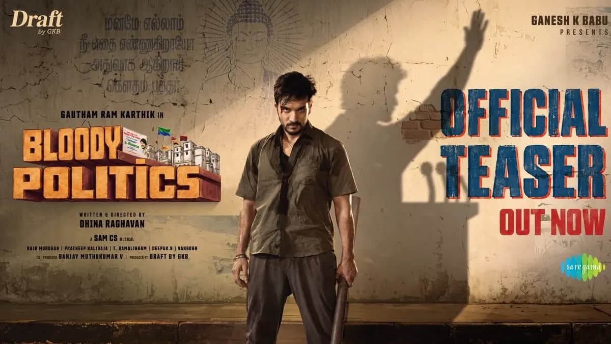 Teaser still from Bloody Politics featuring Gautham Ram Karthik in a tense confrontation scene