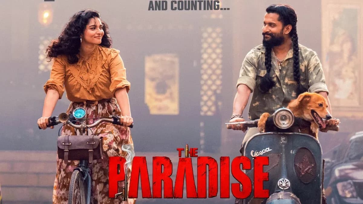 Poster of ‘The Paradise’ showing Nani in his tribal warrior look against a desert backdrop.