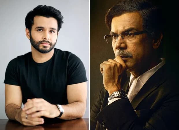 Ritvik Sahore in a formal suit, standing beside Rajkummar Rao in a courtroom setting, shadows falling across their faces.