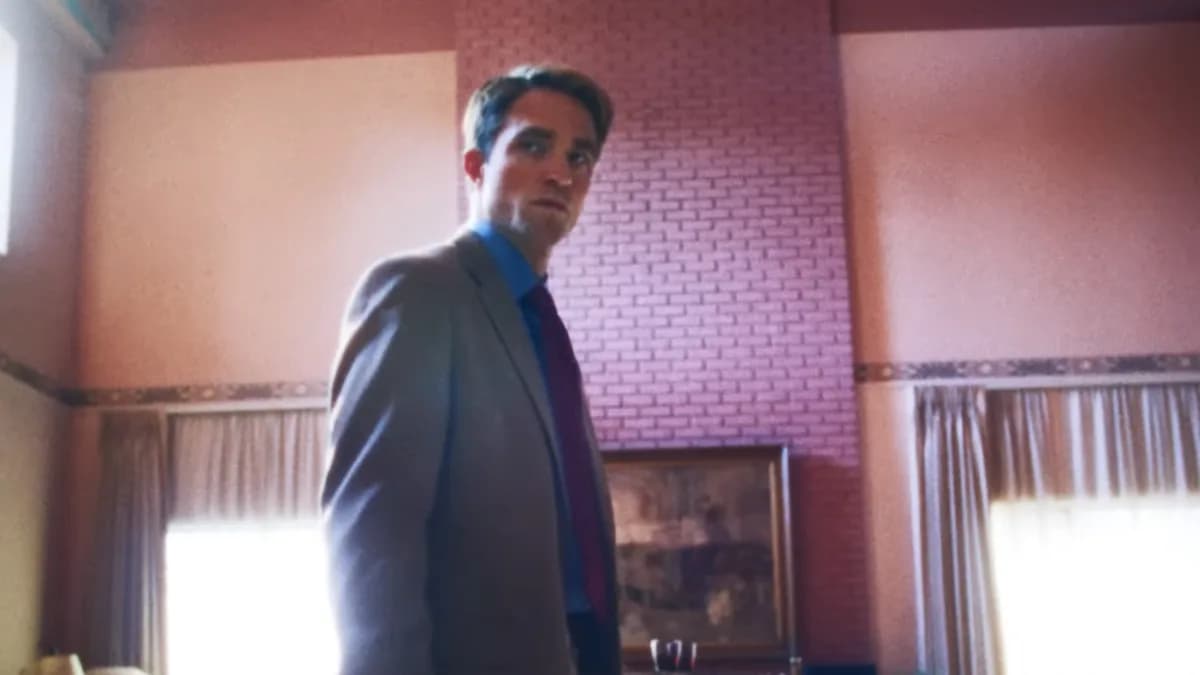 Robert Pattinson as Chris Hansen on a theater marquee for A24’s Primetime