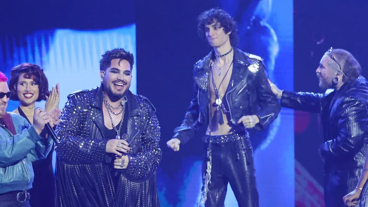 Adam Lambert performing 'Freedom' alongside Raye, Teddy Swims and Sombr on stage at the 2026 MTV Video Music Awards tribute to George Michael.