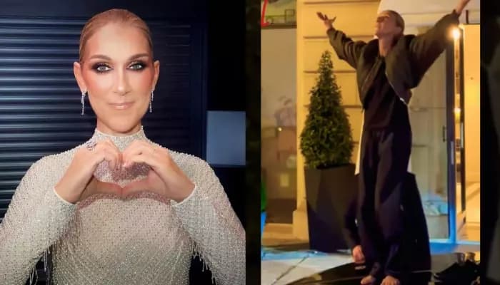 Celine Dion dancing barefoot on top of a black BMW surrounded by fans outside a Paris hotel at night
