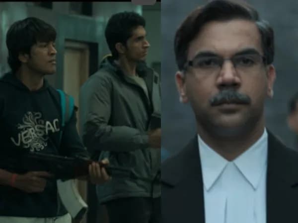 Rajkummar Rao as Ujjwal Nikam in the Prahaar trailer, standing in a courtroom with a solemn expression