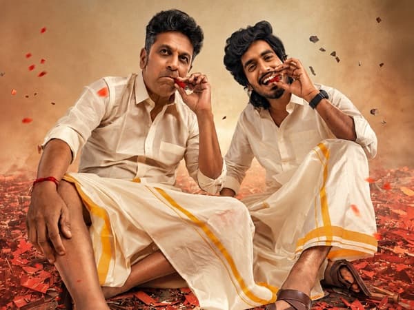 First look poster of Picasso showing Shivarajkumar and Abishan Jeevinth in white traditional attire standing amid spent firecrackers