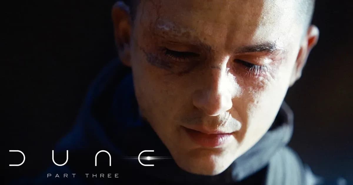 Promotional image for Dune: Part Three showing Timothée Chalamet as Paul Atreides against a desert backdrop