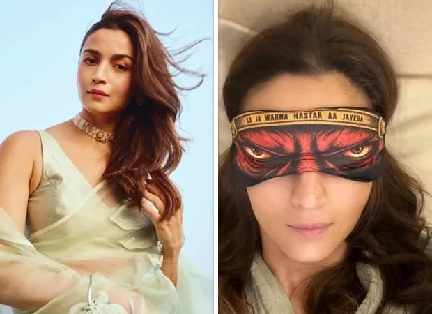 Alia Bhatt wearing the distinctive eye mask from Tumbbad, standing against a dark, textured background.