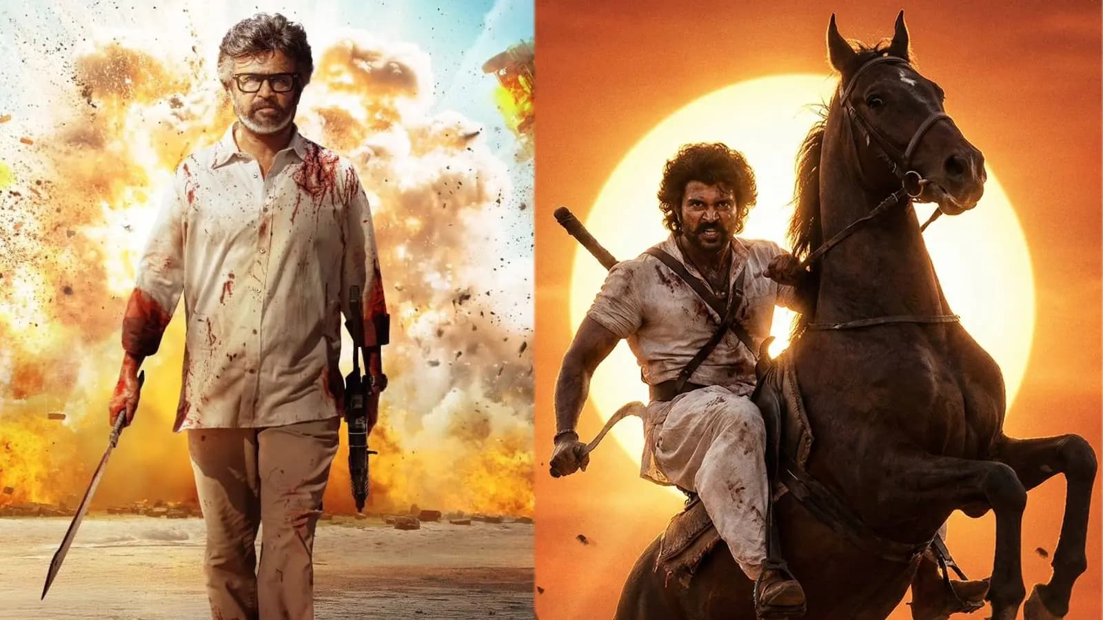 A split image showing Rajinikanth in Jailer 2 and Vijay Deverakonda in Ranabaali, both in action poses against a festive backdrop.