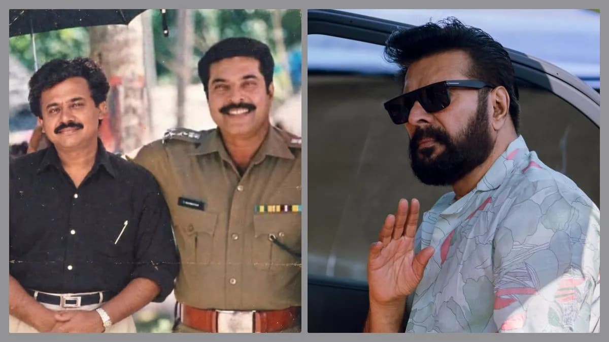 Director Vinayan alongside actor Mammootty on the sets of a Malayalam film shoot.
