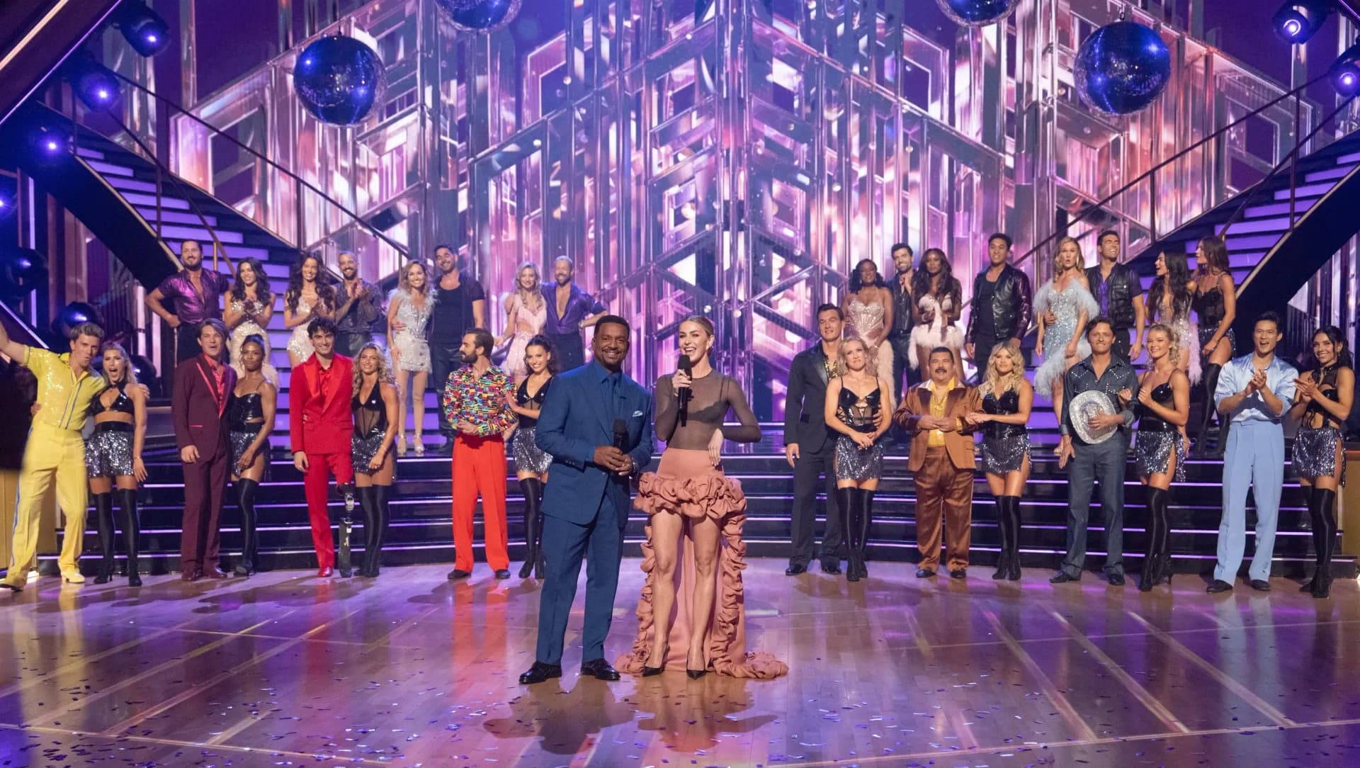 Dancing With the Stars ballroom set with hosts and judges during the Season 35 premiere broadcast on ABC.