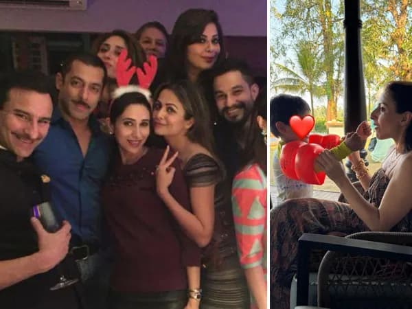 A collage of family photos featuring Kareena Kapoor Khan, Soha Ali Khan, Saif Ali Khan, their children, and other relatives, with children's faces obscured by emojis.