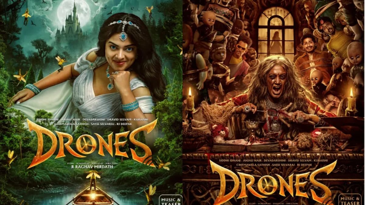 Three first-look posters for the Tamil film Drones showing a fantasy forest scene, a sci-fi lab setup, and a horror witch figure surrounded by dolls.