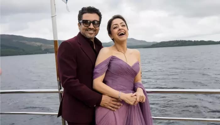 Suriya and Jyotika in white outfits at their 20th anniversary vow renewal ceremony