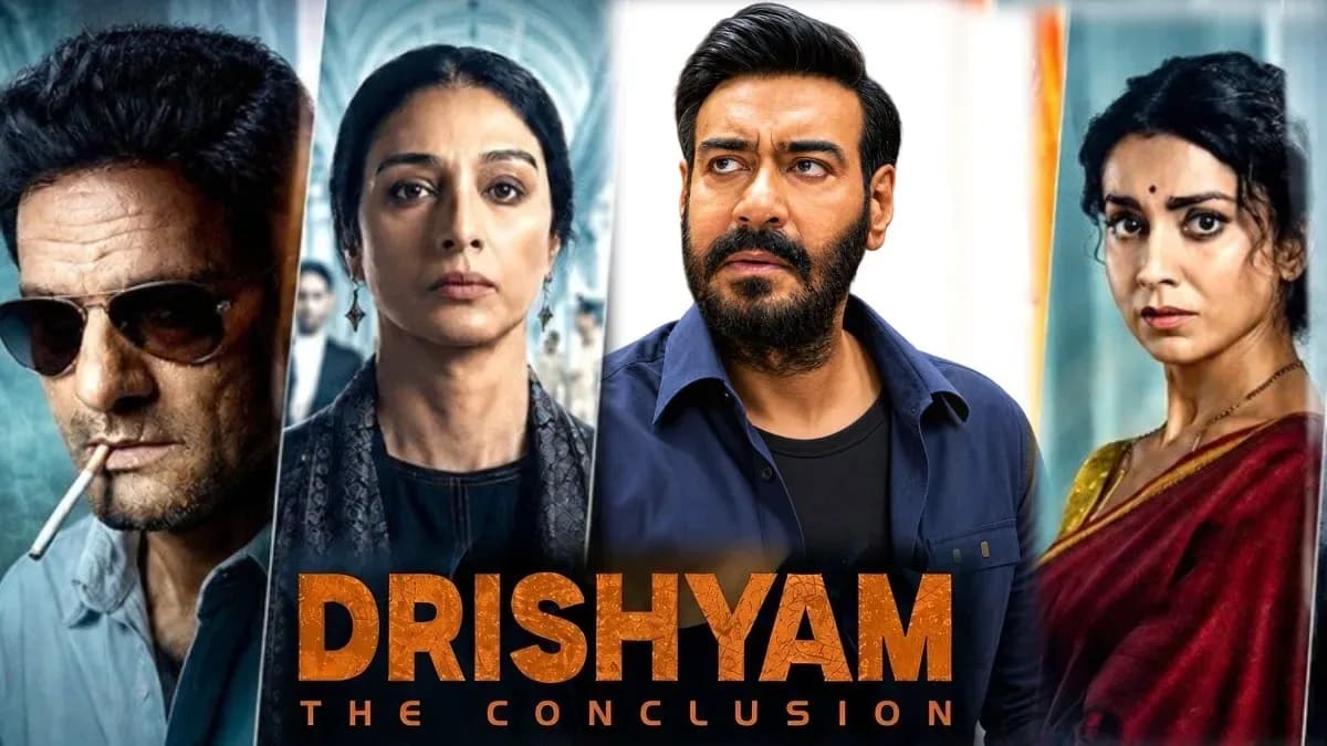 Ajay Devgn in a tense courtroom scene from Drishyam: The Conclusion, wearing a dark suit, looking directly at the camera.
