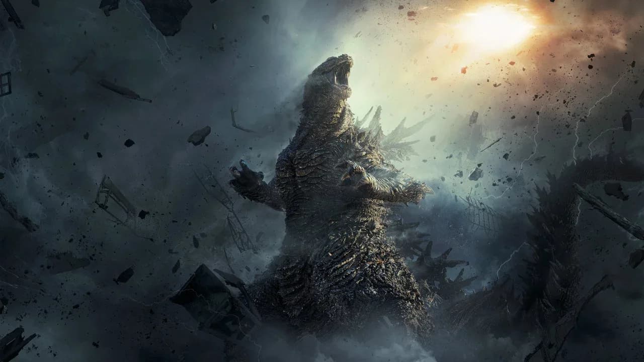 A black-and-white image of Godzilla roaring against a stormy sky, with debris flying around him. The words 'Godzilla Minus Zero' appear in bold red letters across the top.