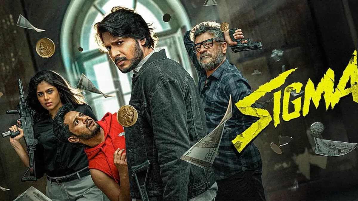 Promotional poster or still from the Tamil-Telugu film Sigma featuring Sundeep Kishan and Faria Abdullah