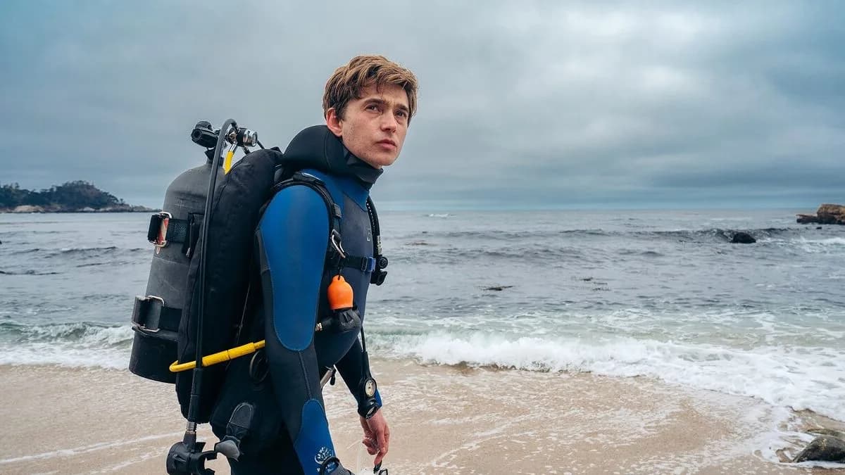 Poster of Whalefall showing Austin Abrams inside a stylized whale silhouette against a dark ocean background