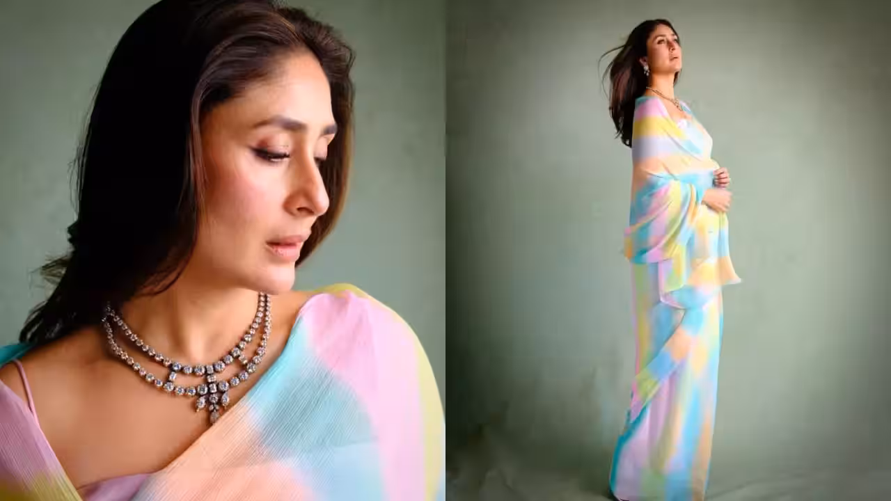 Kareena Kapoor Khan in a pastel rainbow leheriya saree with a diamond choker at the Daayra music launch in Mumbai