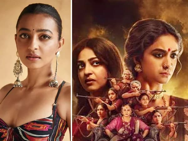 Radhika Apte in a 70s-inspired look, wearing a bold fringe and a dramatic wig, standing in front of a dark, stormy backdrop.