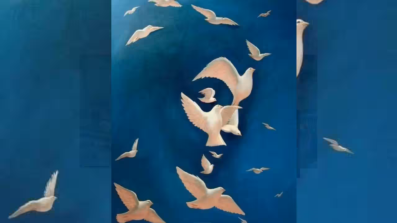 An optical illusion image blending a flock of doves in flight with the hidden profile of a woman's face.