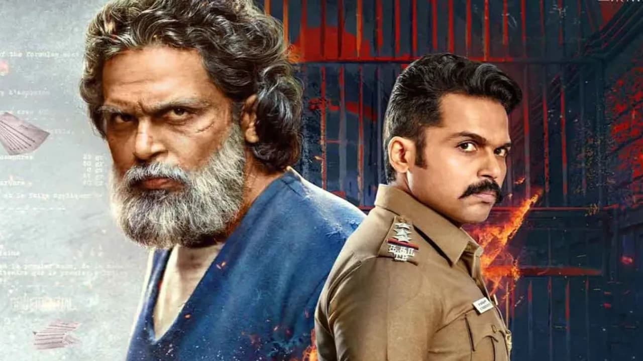Karthi in a still from Sardar 2, dressed as the titular spy character in an action pose.