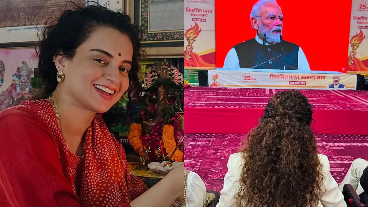 Kangana Ranaut speaking at a political gathering in Kullu, surrounded by BJP leaders and supporters.