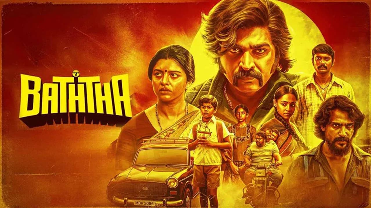 A still from Baththa showing Vijay Sethupathi in a tense, close-up shot, face half-lit, eyes sharp.