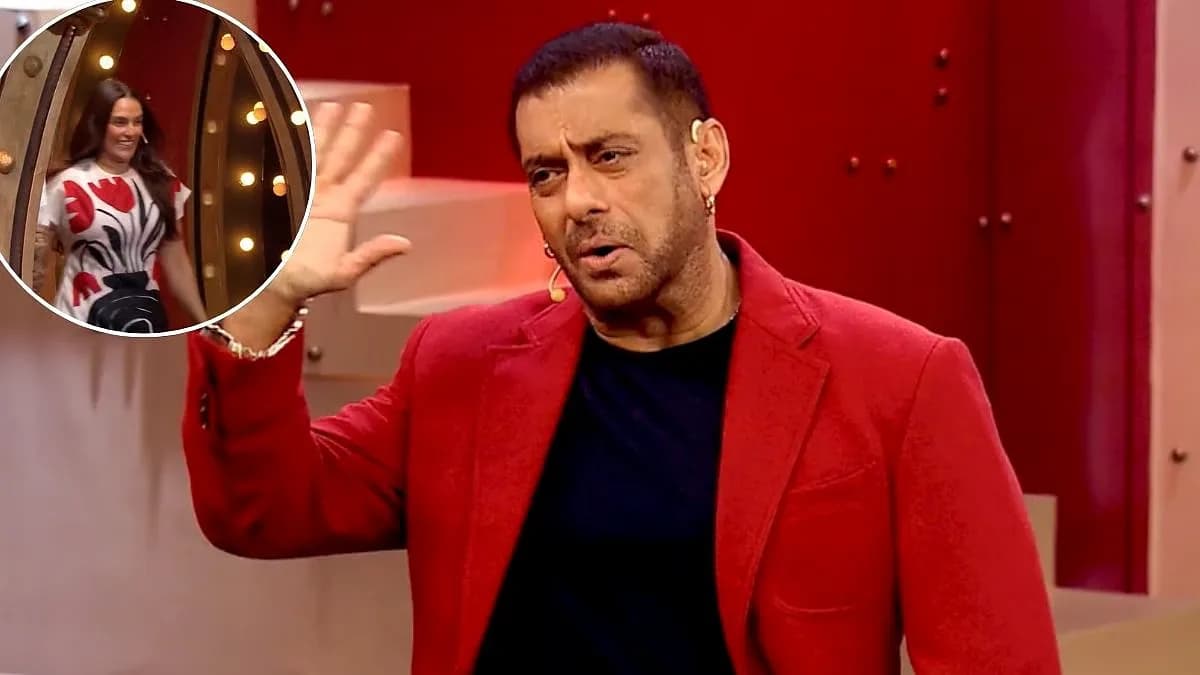 Salman Khan speaking on the Bigg Boss 20 set with guest Neha Dhupia seated beside him