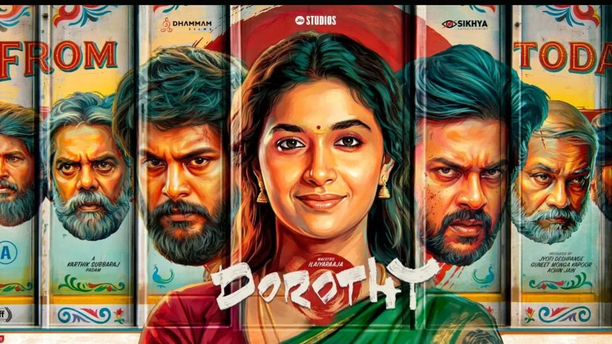 Poster or still from Karthik Subbaraj's film Dorothy featuring Keerthy Suresh, Sanath and Rishikanth