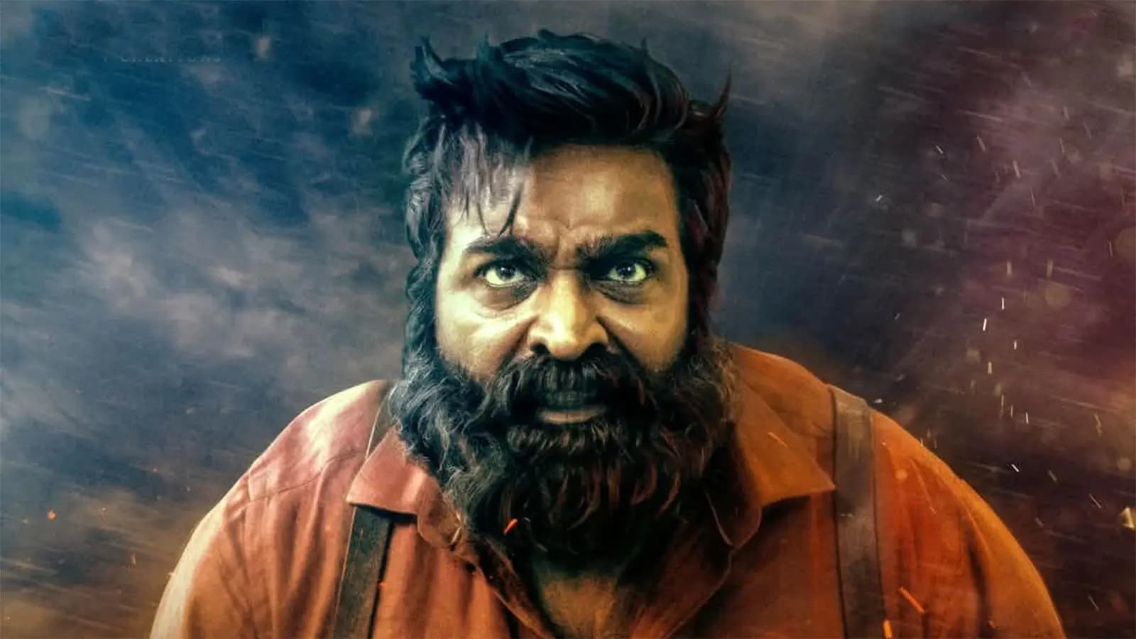 A dramatic poster for the film Train featuring Vijay Sethupathi in a tense pose against a dark train backdrop