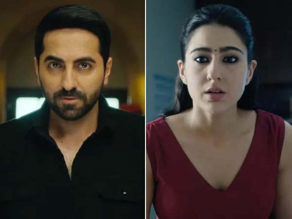 Ayushmann Khurrana in disguise from the Udta Teer trailer, with Sara Ali Khan standing nearby, both looking bewildered.