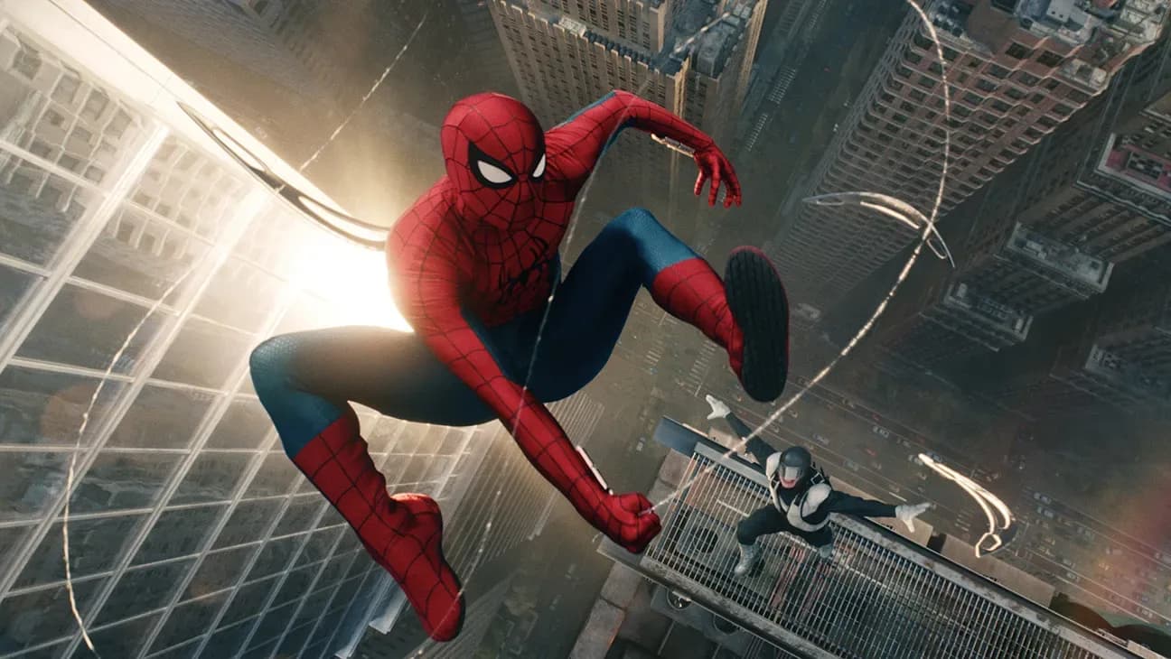Tom Holland as Spider-Man in a dynamic pose, mid-leap, against a city skyline.