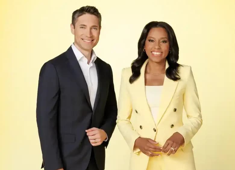 Split promotional image of ABC News anchors Rachel Scott and Rhiannon Ally for Good Morning America Weekend