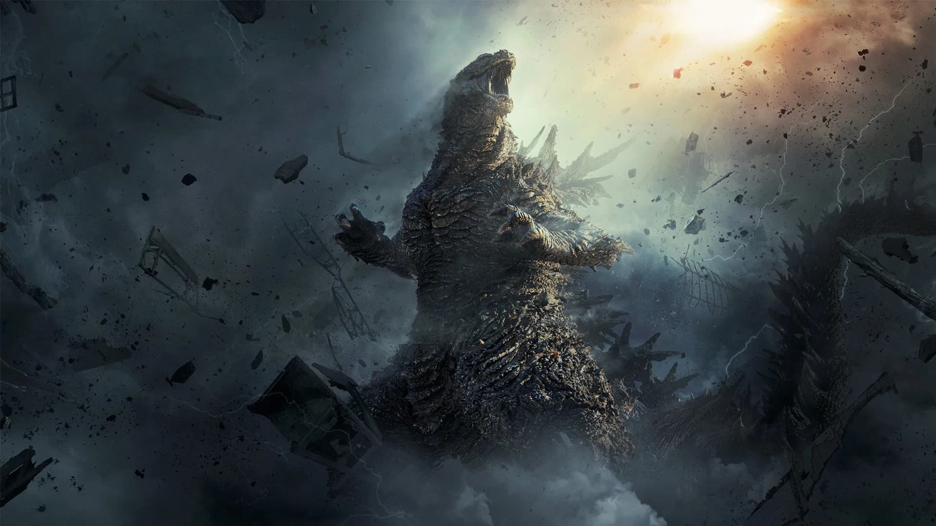 Godzilla emerging from the ocean in a still from the Godzilla Minus Zero trailer, set against 1949 Japan's coastline.
