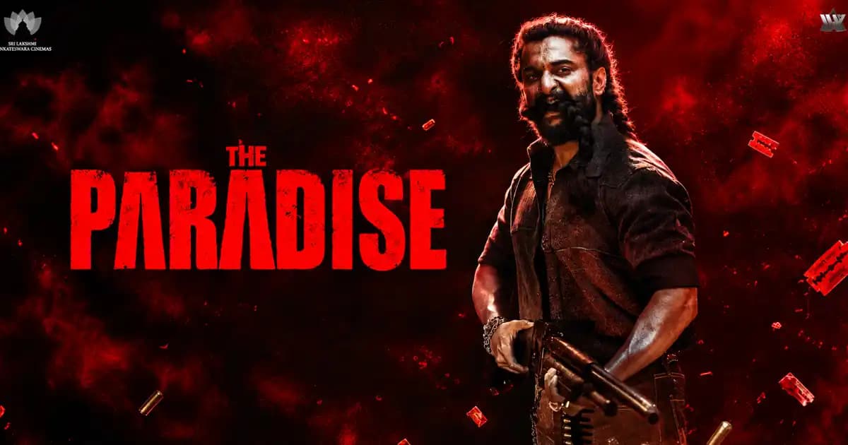 Poster of Nani's film The Paradise showing the actor against a vibrant skyline