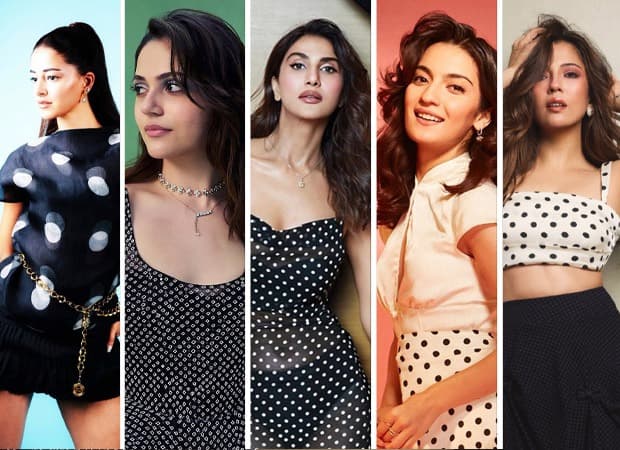 Collage of Bollywood actresses styled in polka-dot outfits including sheer black, crop tops and skirts.