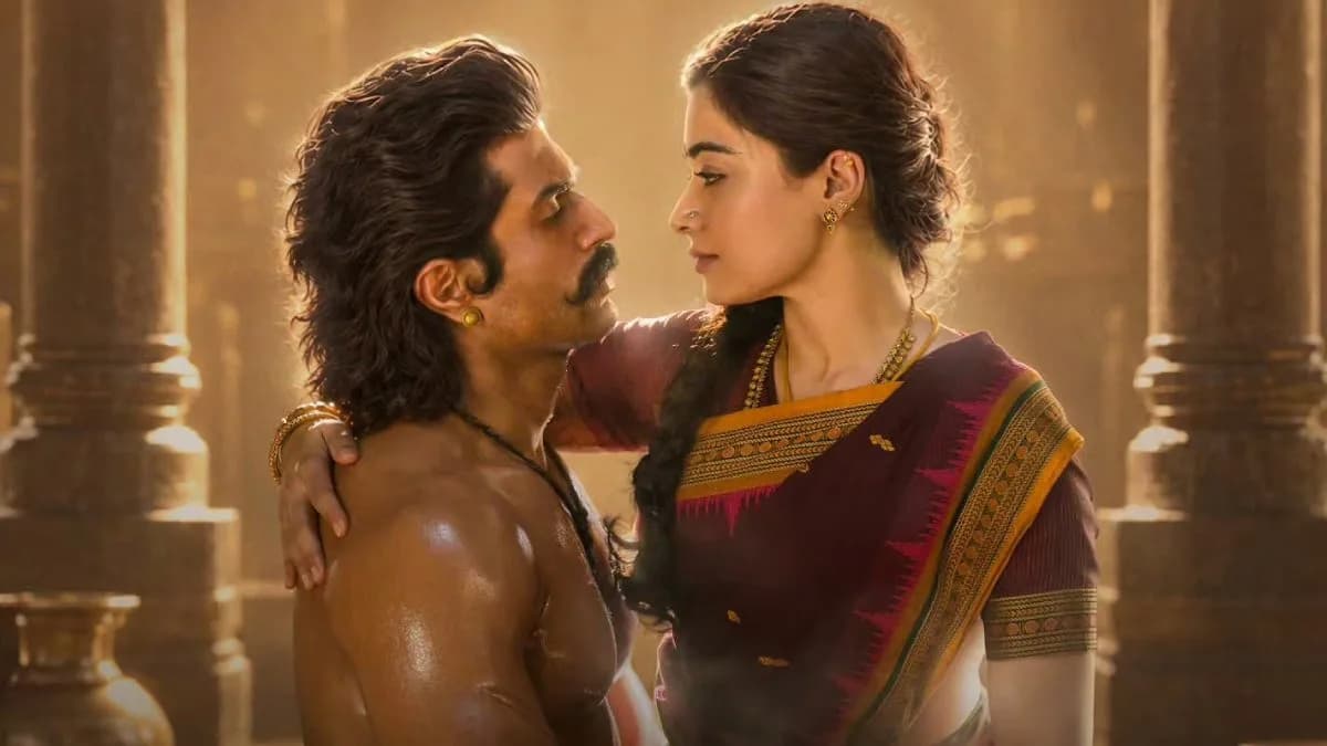 Vijay Deverakonda in a fierce pose from the Ranabaali trailer, dressed in period attire, eyes blazing.